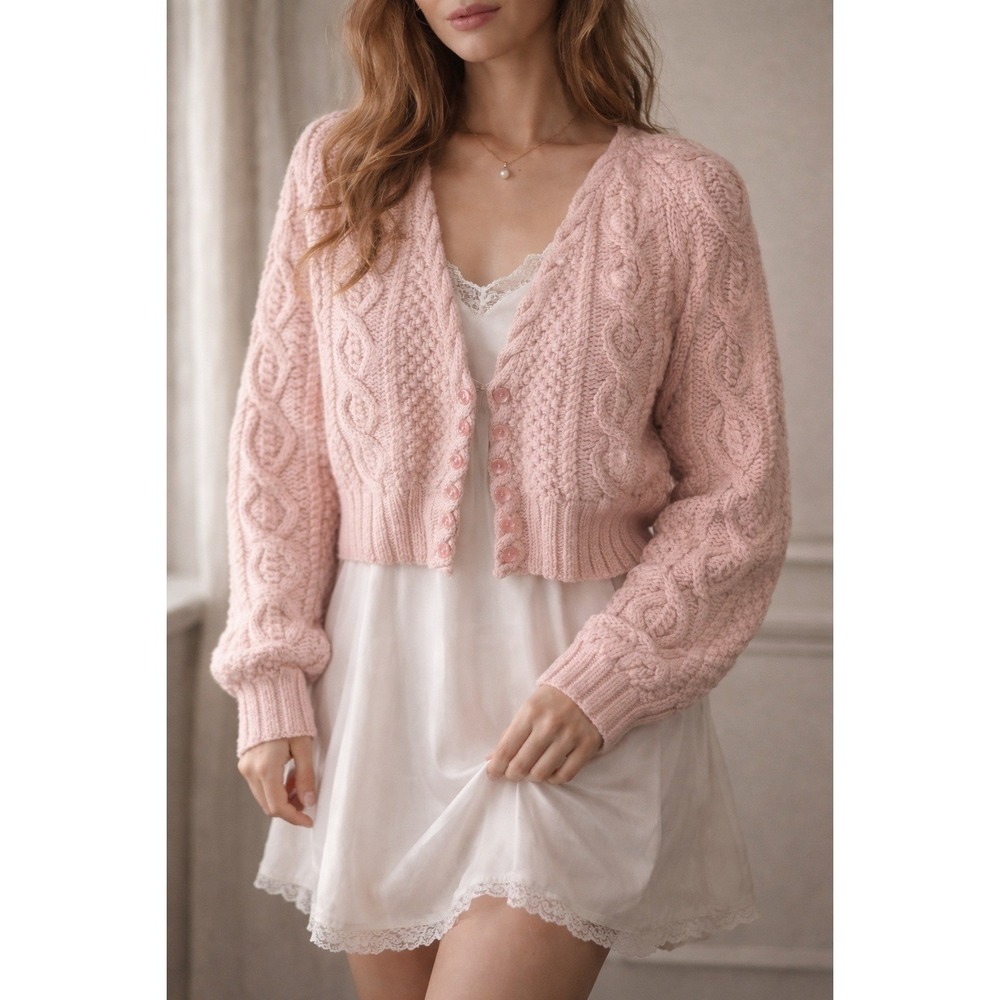 Vintage Baszio Womens Small Pink Chunky Cable Knit Cardigan Cropped Cottagecore